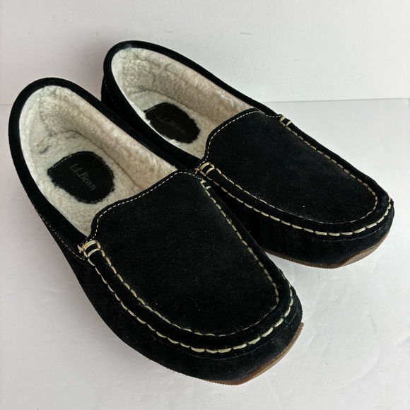 L.L. Bean Shoes - L.L. Bean Black Suede Leather Fleece-Lined Slippers Moccasins NWOT